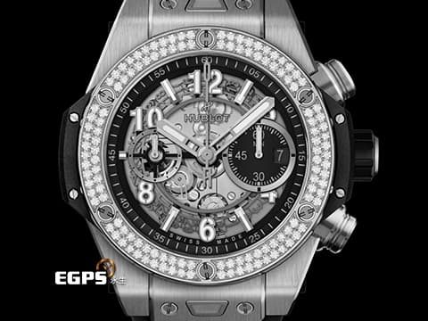 Hublot 宇舶 BIG BANG 大爆炸 Unico Blackmagic 421.NX.1170.RX.1104 鈦金屬材質 飛返計時碼錶 原鑲126顆鑽石錶圈（約1.4克拉） 2025年最新電子式保單 自動上鍊 44mm