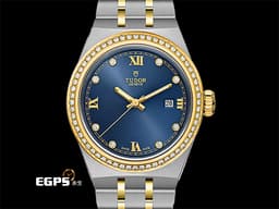 TUOR 帝舵 Royal 皇家系列 28323-0002<font color="#FFA488">&nbsp;</font><font color="#4974ca">原廠鑲嵌60顆頂級天然美鑽外圈 鑽石時標藍色錶面</font><font color="#a49d9d"> </font>18K黃金 半金款&nbsp;大三針 <font color="#ff0000">最新款&nbsp;</font><font color="#FF0000">2026年保卡</font> 自動上鍊 28mm