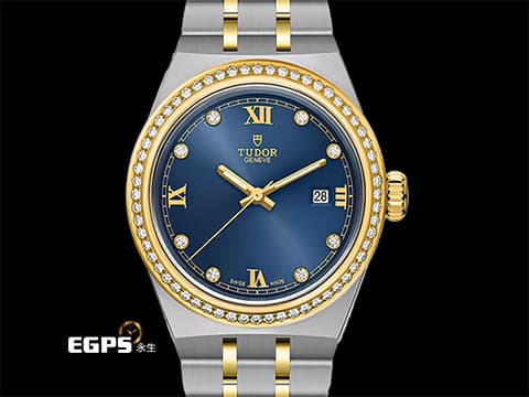 TUOR 帝舵 Royal 皇家系列 28323-0002&nbsp;原廠鑲嵌60顆頂級天然美鑽外圈 鑽石時標藍色錶面 18K黃金 半金款&nbsp;大三針 最新款&nbsp;2026年保卡 自動上鍊 28mm