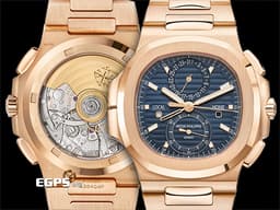 Patek Philippe 百達翡麗 PP Nautilus 金鷹系列 鸚鵡螺 5990 5990/1R-001 18K玫瑰金材質 鍊帶款 <font color="#2828FF">藍色日輝紋水平橫紋浮雕面盤 </font> 飛返計時 GMT兩地時間 <font color="#FF0000"> 2025年保單 新款按動式帶扣</font>&nbsp;自動上鏈 40.5mm
