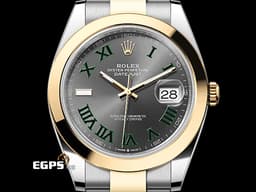 ROLEX 勞力士 Datejust 41 蠔式日誌型 126303 <font color="#ADADAD">石板灰色面盤</font>搭配<font color="#228B22">綠色羅馬數字時標 溫布頓</font> DJ41 半金款 18K黃金材質&nbsp;<font color="#FF0000">2021年保卡 蠔式（Oyster）三節板帶</font> 自動上鍊 41mm