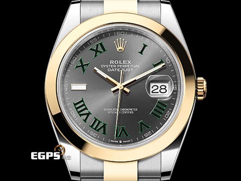 ROLEX 勞力士 Datejust 41 蠔式日誌型 126303 石板灰色面盤搭配綠色羅馬數字時標 溫布頓 DJ41 半金款 18K黃金材質&nbsp;2021年保卡 蠔式（Oyster）三節板帶 自動上鍊 41mm