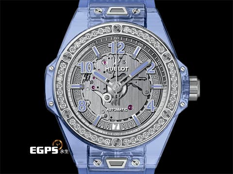 HUBLOT 宇舶 Big Bang 大爆炸 465.JL.4802.RT.1204 藍色水晶材質&nbsp;快拆功能設計&nbsp;【絕版增值艷麗款】極少見薰衣草藍水晶錶殼 &lt;特殊藍寶石水晶收藏盒&gt;原廠鑲嵌鑽石錶圈&nbsp;2019年保卡 全球限量200支 新錶訂價：2,616,000元&nbsp;自動上鍊 39mm