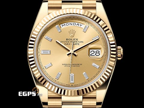 ROLEX 勞力士 DAY-DATE 40 蠔式星期日誌型 DD 228238 18K黃金材質 香檳金色面盤 原廠鑲嵌方形切割鑽石時標 黃冰糖 2020年保卡 台灣公司貨 錶友蒐藏未使用品&nbsp;自動上鍊&nbsp;40mm