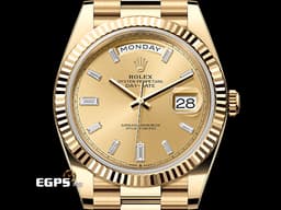 ROLEX 勞力士 DAY-DATE 40 蠔式星期日誌型 DD 228238 18K黃金材質 <font color="#fbf8d5">香檳金色面盤 原廠鑲嵌方形切割鑽石時標</font> <font color="#ff0000">黃冰糖 2020年保卡 台灣公司貨 錶友蒐藏未使用品</font>&nbsp;自動上鍊&nbsp;40mm