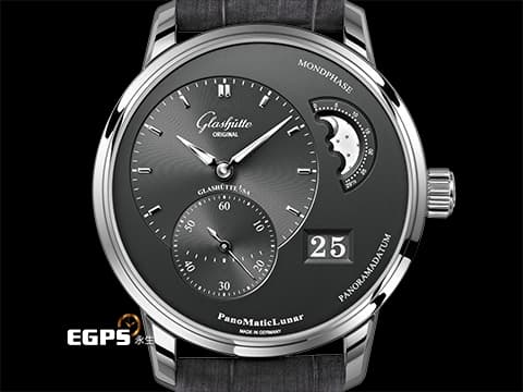 Glashütte Original 格拉蘇蒂 原創 PanoMaticLunar系列 1-90-02-43-32-02 經典偏心銀灰色面盤&nbsp;大日期窗 月相盈虧 不鏽鋼材質&nbsp;2025年保單&nbsp;自動上鍊 40mm