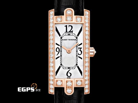 Harry Winston 海瑞溫斯頓  Avenue Aurora 330LQR 18K玫瑰金材質 原廠鑲嵌鑽石錶圈 銀白色珍珠貝母面盤&nbsp;石英機芯 39x19mm