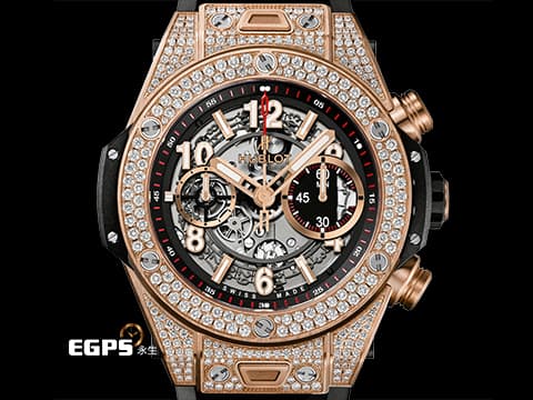 HUBLOT 宇舶 Big Bang Unico 大爆炸 411.OX.1180.RX.1704 原鑲鑲鑽&nbsp;飛返 計時碼表 玫瑰金 鏤空面盤&nbsp;新錶訂價：1,763,000元 自動上鍊 45mm