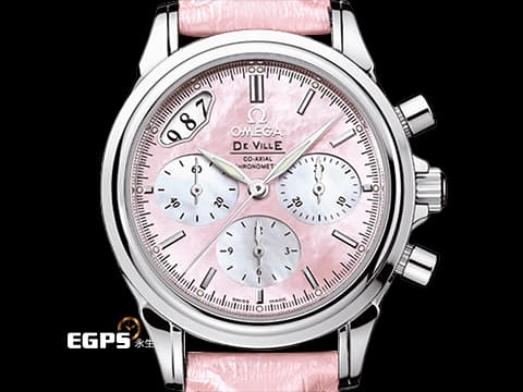 OMEGA 歐米茄 DE VILLE 碟飛系列 48787434 4878.74.34&nbsp;不鏽鋼材質&nbsp;粉色珍珠貝母 熊貓計時面盤面盤 同軸擒縱 自動上鍊 35mm