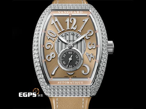 Franck Muller 法蘭穆勒 FM Vanguard Lady Slim Vintage V35 S 奶茶色面盤 原廠鑲嵌308顆頂級天然美鑽（約4.44克拉）小秒針 不鏽鋼材質&nbsp;2025年保單 自動上鍊 35x46.3mm