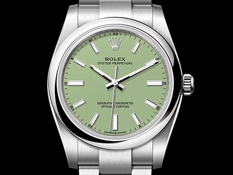 ROLEX 勞力士 Oyster Perpetual 34 蠔式恆動型 124200 最新款 開心果綠色面盤&nbsp;OP34 不鏽鋼 大三針&nbsp;2025年保卡 自動上鍊 34mm