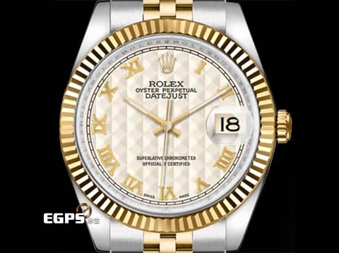 ROLEX 勞力士 DateJust DJ36 116233 18K黃金&amp;不鏽鋼材質 半金款 絕版稀有款&nbsp;象牙白金字塔格紋面盤&nbsp;2025年回原廠保養 延長保固到2027年&nbsp;台灣公司貨&nbsp;自動上鏈 36mm