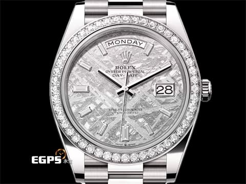 ROLEX 勞力士 DayDate 40 蠔式 星期日曆型 228349RBR Met Meteorite 隕石面盤 梯鑽時標&nbsp;原廠鑽圈 228349RBR 經典 DD40 18K白金材質&nbsp;2026年保單 元首型（President）錶帶 總統帶&nbsp;自動上鍊&nbsp;40mm