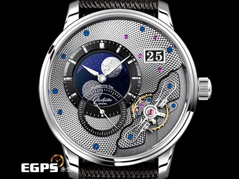 Glashutte Original 格拉蘇蒂 PanoLunarInverse 系列 1-91-04-01-03-62 藍色砂金石月相盤&nbsp;月相盈虧 PT950 鉑金材質 德國腕錶工藝 前置雙鵝頸 3/4夾板 璣鏤雕刻偏心面盤&nbsp;小秒針 大日期窗&nbsp;2025年台灣公司貨 限量200支&nbsp;自動上鍊 42mm