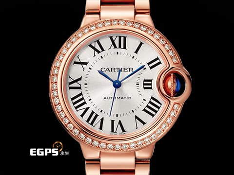 CARTIER 卡地亞 Ballon Bleu Extra-Flat 經典 藍氣球 WJBB0063 18K玫瑰金材質&nbsp;藍鋼指針&nbsp;鍍銀陽光射線紋飾面盤 原廠鑲嵌47顆鑽石錶圈（共0.68克拉）&nbsp;2025年保卡&nbsp;自動上鍊 33mm