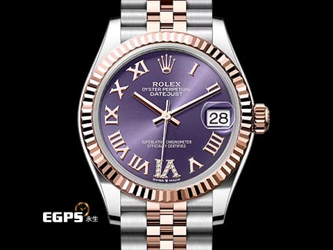 ROLEX 勞力士 DateJust 31 蠔式日誌型 278271 原廠VI鑲鑽時標 茄紫色面盤 永恆玫瑰金 半金款 DJ31 經典三角坑紋外圈 2026年保卡 紀念型（Jubilee）五銖錶帶 自動上鍊 31mm