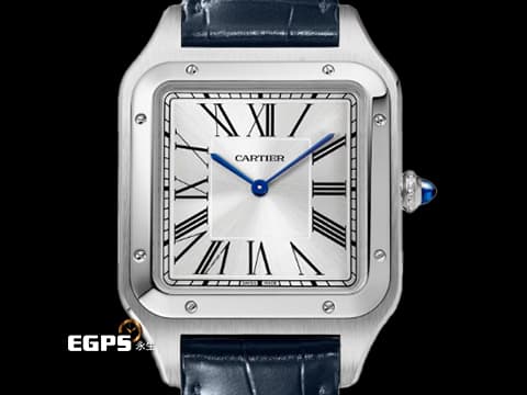 CARTIER 卡地亞 Santos-Dumont 山度士 杜蒙特 WSSA0032 經典 超大型款&nbsp;鑲嵌藍色寶石錶冠 藍鋼指針&nbsp;不鏽鋼材質&nbsp;2022年保單  手上鍊 46.6x33.9mm