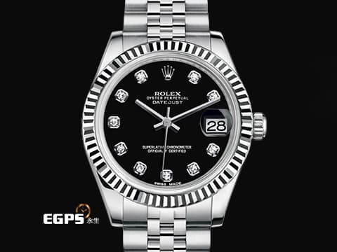 ROLEX 勞力士 DATEJUST LADY 178274 蠔式日誌型 黑色面盤 原廠鑽石時標 紀念型五珠錶帶 自動上鏈 31mm