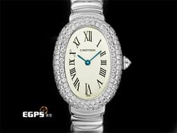 Cartier 卡地亞 BAIGNOIRE 鵝蛋 WB5095L2 18K白金材質 鍊帶款 <font color="#05f0f0">原廠鑲嵌明亮式切割圓鑽錶圈 鑲嵌凸圓形鑽石錶冠&nbsp;</font>&nbsp;米白色面盤 <font color="#ff0000">新錶參考訂價：1,350,000元</font> 石英機芯 22.5x30mm