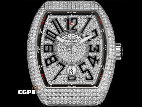 Franck Muller 法蘭穆勒 FM Vanguard V45 精鑲絢爛華麗的滿天星面盤、錶殼 酒桶型 不鏽鋼 黑色立體經典阿拉伯數字時標 V45 SC DT 自動腕錶 44x54mm