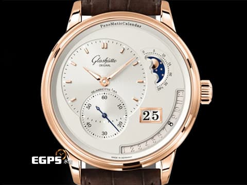Glashutte Original 格拉蘇蒂 Pano Matic Lunar 偏心系列 1-92-09-02-05-62 18K玫瑰金材質 年曆錶 月相盈虧 大日期窗 逆跳月份顯示 100小時動力儲存   德國腕錶工藝 招牌雙鵝頸 3/4夾板 偏心面盤   2023年保卡 台灣公司貨 自動上鍊 42mm
