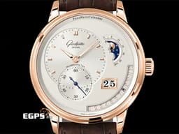 Glashutte Original 格拉蘇蒂 Pano Matic Lunar 偏心系列 1-92-09-02-05-62 18K玫瑰金材質 <font color="#0080FF">年曆錶 月相盈虧 大日期窗 逆跳月份顯示 100小時動力儲存 </font>  <font color="#70cce1">德國腕錶工藝 招牌雙鵝頸 3/4夾板 偏心面盤 </font> <font color="#ff0000"> 2023年保卡 台灣公司貨</font> 自動上鍊 42mm