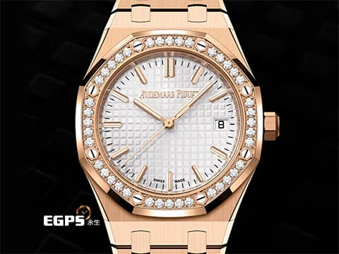 Audemars Piguet 愛彼 AP錶 Royal Oak 皇家橡樹 77451OR.ZZ.1361OR.04 18K玫瑰金材質 銀白色Grande Tapisserie錶盤&nbsp;40顆原廠鑲嵌美鑽錶圈（約重0.71克拉）2024年新式保卡&nbsp;自動上鍊 34mm