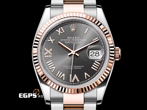 ROLEX 勞力士 蠔式 Datejust 126231 永恒玫瑰金 半金款 銀灰色放射紋面盤 原廠鑲鑽羅馬數字VI及IX  2023年保卡  自動上鍊 36mm