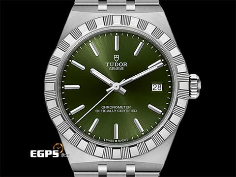 TUDOR 帝舵 Royal 皇家系列 2836C1A0-0103 不鏽鋼材質 綠色太陽紋面盤  割坑紋與磨光飾面間隔錶圈 2026年保卡 「T-fit」摺扣 自動上鍊 36mm