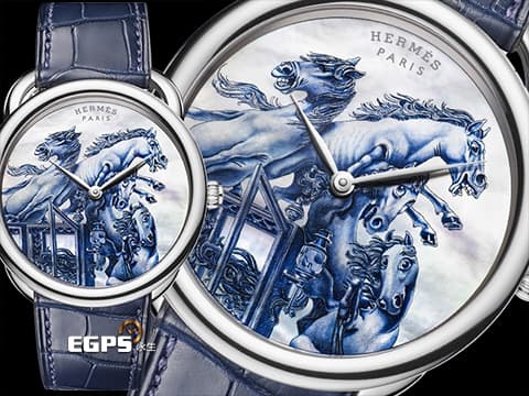 HERMES 愛馬仕 ARCEAU系列 Grand carrosse royal 自由野性的豪華皇家馬車 18K白金材質 微繪工藝腕錶 彩繪珍珠母貝面盤 限量12只 新錶參考訂價：2,402,000 元 自動上鍊 41mm