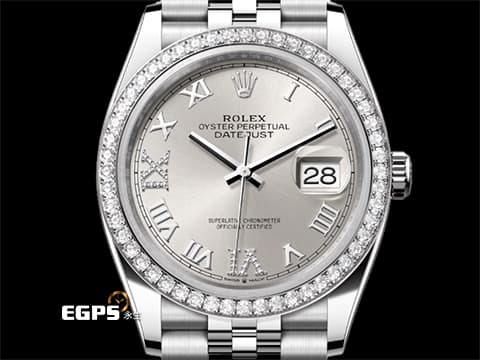 ROLEX 勞力士 Datejust 36 蠔式日誌型 126284RBR 銀白色羅馬數字VI、IX鑲鑽面盤 原廠鑽圈&nbsp;DJ36 不鏽鋼 2021年新式保卡 紀念型（Jubilee）五銖錶帶&nbsp;126284 RBR 自動上鍊 36mm