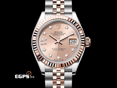 ROLEX 勞力士 Lady-Datejust 28 蠔式日誌型 279171 18K永恆玫瑰金 半金款 DJ28 原廠鑲嵌鑽石18K金星形底座 經典三角坑紋錶圈 2021年保卡 紀念型（Jubilee）五銖錶帶 自動上鍊 28mm