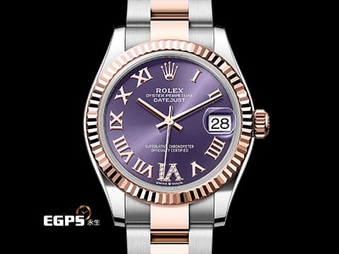 ROLEX 勞力士 DateJust 31 蠔式日誌型 278271 原廠VI鑲鑽時標 茄紫色面盤 永恆玫瑰金 半金款 DJ31 經典三角坑紋錶圈 2024年保單 蠔式（Oyster）三節板帶 自動上鍊 31mm