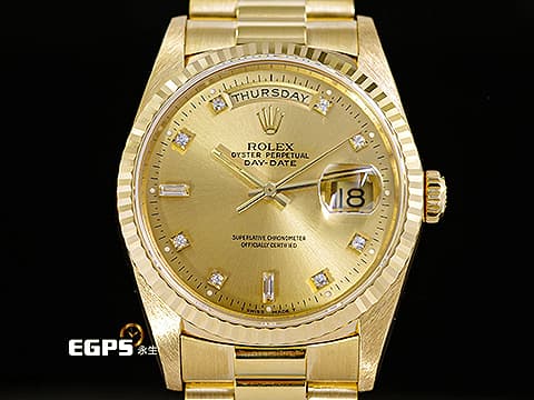 ROLEX 勞力士 Day-Date 36 蠔式 星期日曆型 18238A&nbsp;原廠鑽石時標 皇帝金色面盤 18K黃金材質 DD36 經典三角坑紋錶圈&nbsp;18238 A 元首型（President）錶帶 總統帶 自動上鍊 36mm