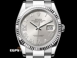 ROLEX 勞力士 Datejust 36 蠔式日誌型 126234 不鏽鋼材質 <font color="#05f0f0">原廠鑲嵌鑽石VI IX時標 銀灰色太陽紋放射面盤</font>&nbsp;<font color="#FF0000">2024年保單 蠔式（Oyster）三節板帶</font> 自動上鍊 36mm