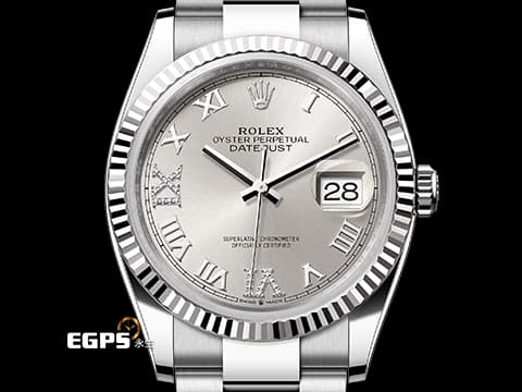 ROLEX 勞力士 Datejust 36 蠔式日誌型 126234 不鏽鋼材質 原廠鑲嵌鑽石VI IX時標 銀灰色太陽紋放射面盤&nbsp;2024年保單 蠔式（Oyster）三節板帶 自動上鍊 36mm