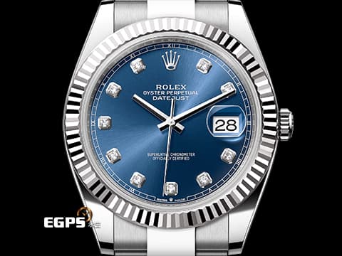 ROLEX 勞力士 DATEJUST II 126334 G 蠔式日誌 126334G 不鏽鋼材質 18K白金三角坑紋錶圈  藍色放射紋鑽石時標面盤  2019年保卡&nbsp;自動腕錶 41mm