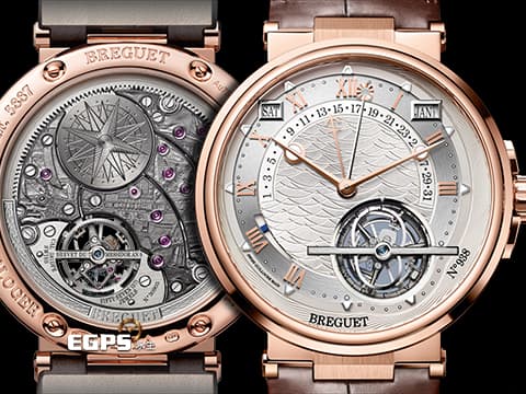 BREGUET 寶璣 Marine Tourbillon Equation Marchante 5887BR/12/9WV 18K玫瑰金材質 鈦金屬框架陀飛輪 萬年曆、時間等式、動力儲存顯示功能 手工雕刻圖案錶背&nbsp;2025年保單 官方新錶訂價：8,123,000元 自動上鍊 43.9mm