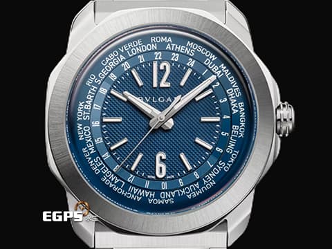 BVLGARI 寶格麗 Octo Roma WorldTimer 103762 不鏽鋼材質 世界時區顯示&nbsp;霧面藍色巴黎釘紋錶盤 快拆功能錶帶 自由切換鏈帶、膠帶風格搭配&nbsp;2025年保卡&nbsp;自動上鍊 41mm