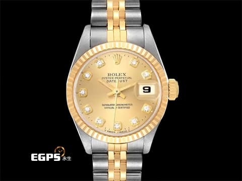 ROLEX 勞力士 DateJust 69173 18K黃金材質 半金款 香檳金色面盤 原廠鑲嵌鑽石時標 自動上鏈 26mm