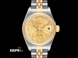 ROLEX 勞力士 Lady DateJust 179173G 蠔式日誌型&nbsp;DJ26 經典三角坑紋錶圈 半金款 18K黃金材質 <font color="#05f0f0">原廠鑲嵌鑽石時標</font> <font color="#fff0d1">金色紀念型面盤</font> 自動上鍊 26mm