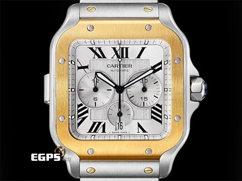 CARTIER 卡地亞 Santos 100 de Cartier 山度士 W2SA0008 大型款 18K黃金材質 半金款&nbsp;「SmartLink」快拆式錶帶 磨砂鍍銀錶盤 計時功能&nbsp;2025年保卡  自動上鍊 44.9mm