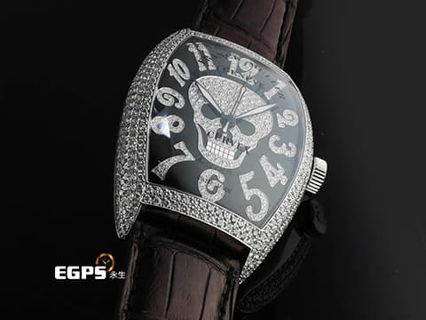 Franck Muller FM 法蘭穆勒 FM 8880 SC GOTH NBR D CD 酒桶型 18K白金材質 原廠鑲嵌鑽石錶殼、骷髏頭圖案面盤、立體經典阿拉伯數字時標 自動上鏈 44x54mm