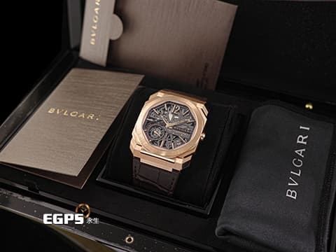 BVLGARI 寶格麗 Bulgari Octo Finissimo系列 Skeleton 8 Days 八日鍊 103667 玫瑰金材質&nbsp;超薄5.95mm 鏤空面盤 動力顯示 經典八角形多稜角設計錶框 小秒針 2025年台灣公司貨&nbsp;手上鏈 40mm