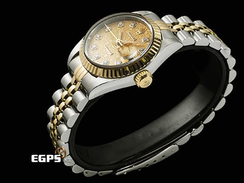 ROLEX 勞力士 Lady DateJust 179173G 蠔式日誌型&nbsp;DJ26 經典三角坑紋錶圈 半金款 18K黃金材質 原廠鑲嵌鑽石時標 金色紀念型面盤 自動上鍊 26mm