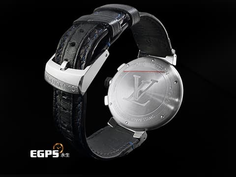 LOUIS VUITTON 路易威登 Tambour系列 Blue Chronograph Q102V0 法式頂級時尚與硬核機械工藝品 側面鐫刻 LOUIS VUITTON 字母 金屬藍黑色大型V字面盤&nbsp;計時碼錶 自動上鍊 44mm