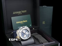 Audemars Piguet AP錶 愛彼 Royal Oak Offshore 皇家橡樹離岸型 飛返計時碼錶 26420TI.OO.A027CA.01  鈦金屬材質、 「Méga Tapisserie」超大型格紋藍色面盤 <font color=#FF0000>2022年保單 新式快拆錶帶 搭載全新4401機芯</font><font color=#FFFF33> 此錶歡迎各路錶友以 PP、AP、勞力士 來店交換，本店將以最高價評估～</font>   43mm