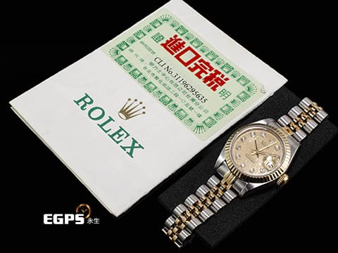 ROLEX 勞力士 Lady DateJust 179173G 蠔式日誌型&nbsp;DJ26 經典三角坑紋錶圈 半金款 18K黃金材質 原廠鑲嵌鑽石時標 金色紀念型面盤 自動上鍊 26mm