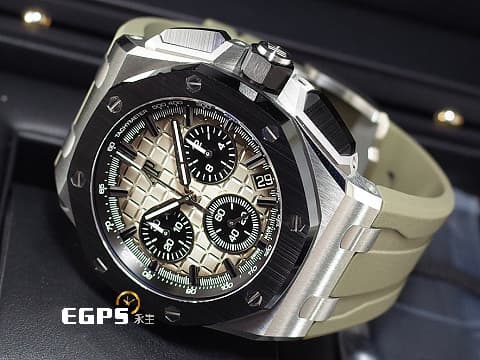 Audemars Piguet AP錶 愛彼 Royal Oak Offshore 皇家橡樹離岸型 飛返計時碼錶 26420SO.OO.A600CA.01  不鏽鋼材質 黑色陶瓷錶圈  格紋煙燻淺棕色面盤  2023年保卡 新式快拆錶帶 搭載全新4401機芯 自動上鏈 43mm