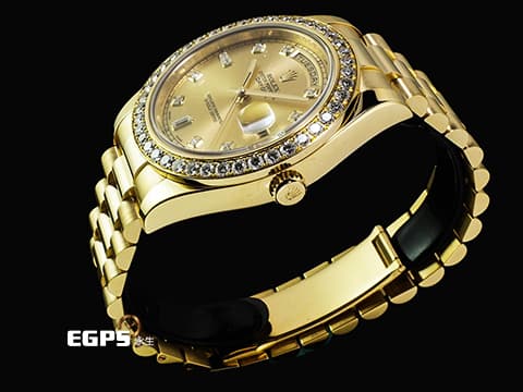 ROLEX 勞力士 DAY-DATE 40 DD40 蠔式 星期日曆型 218348 18K黃金材質 原廠鑲嵌鑽石錶圈、時標 香檳金色面盤&nbsp;2015年保卡 台灣公司貨 自動上鏈 40mm